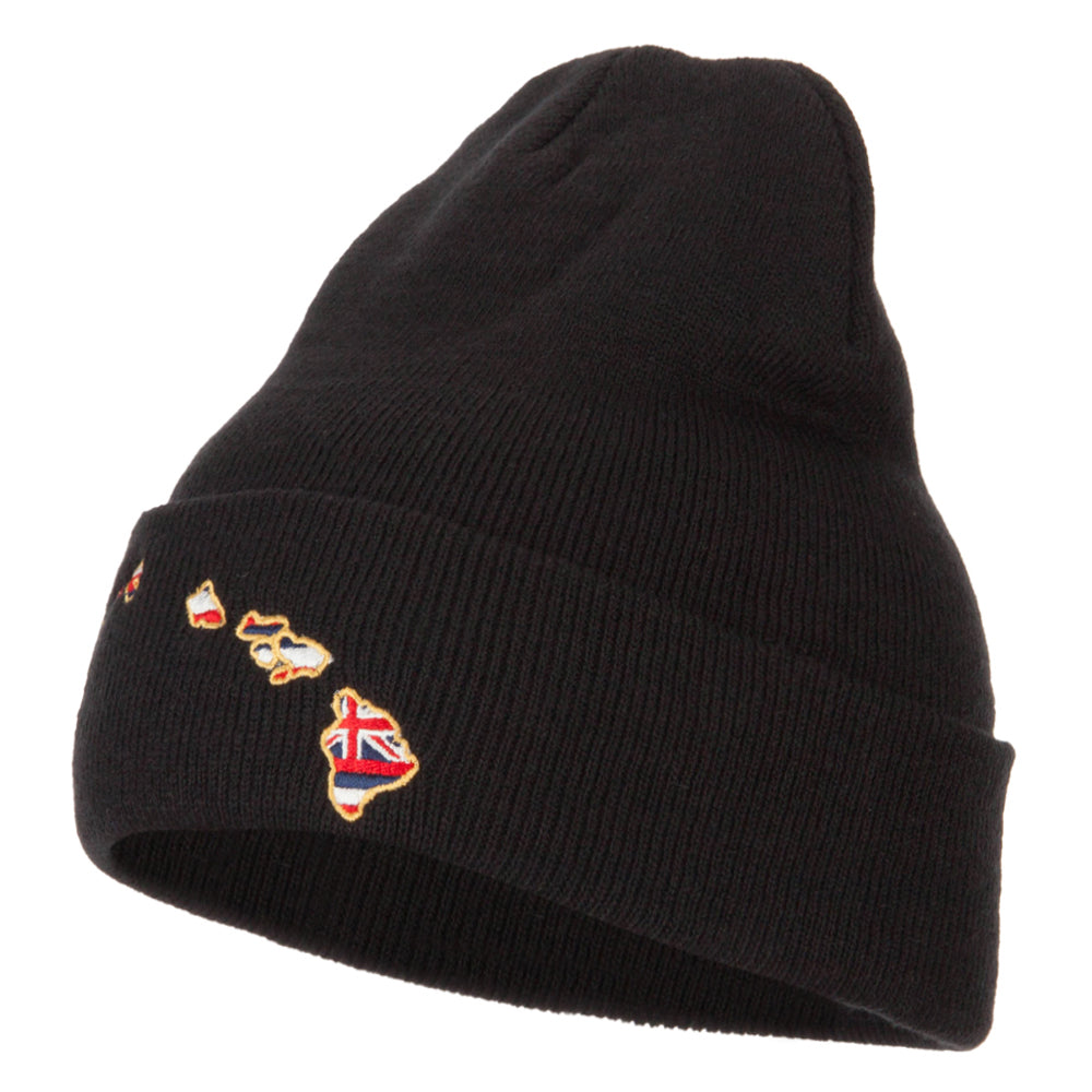 Hawaii Map State Flag Embroidered Long Beanie - Black OSFM