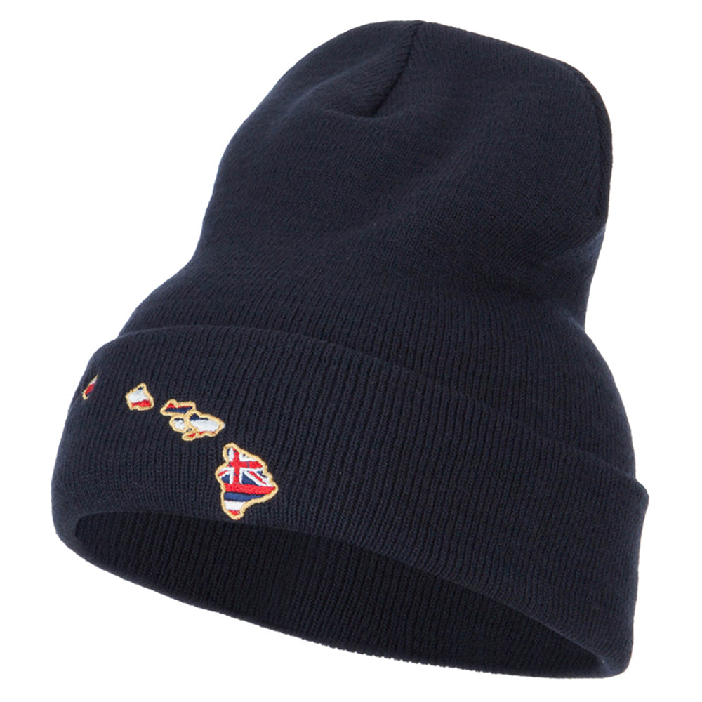 Hawaii Map State Flag Embroidered Long Beanie - Navy OSFM