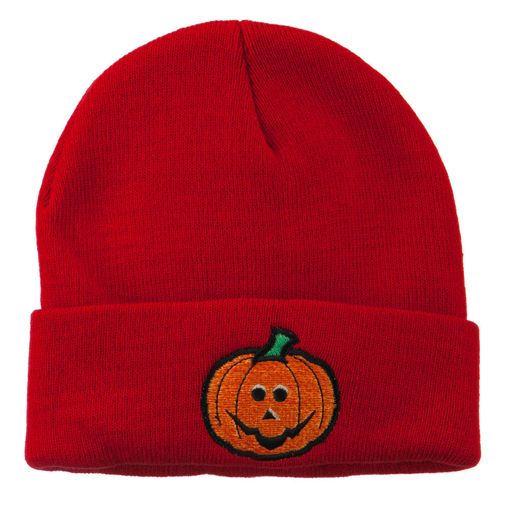 Halloween Jack o Lantern Embroidered Long Beanie - Red OSFM