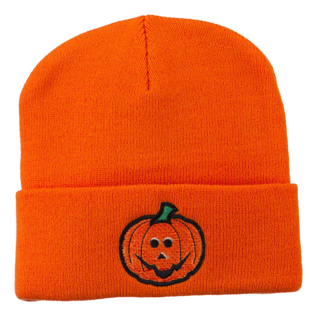 Halloween Jack o Lantern Embroidered Long Beanie - Orange OSFM