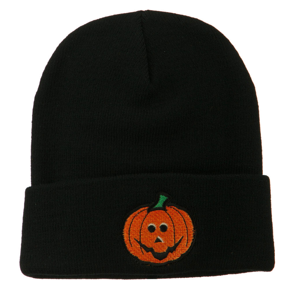 Halloween Jack o Lantern Embroidered Long Beanie - Black OSFM