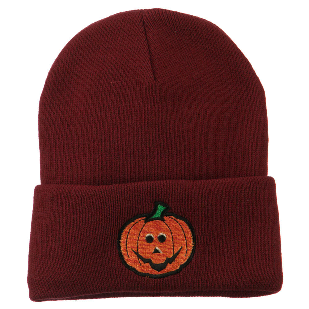 Halloween Jack o Lantern Embroidered Long Beanie - Maroon OSFM