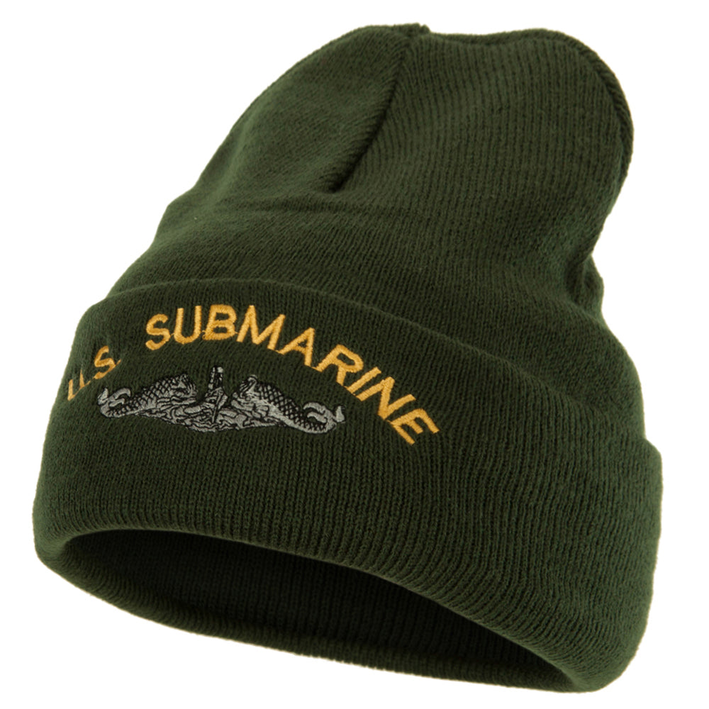 US Submarine Logo Military Embroidered Long Beanie - Olive OSFM