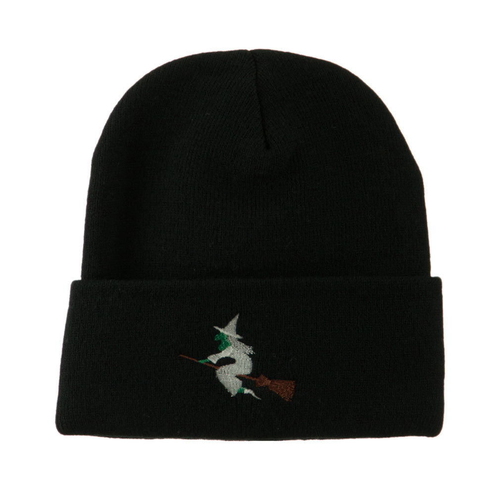 Halloween Witch Flying on a Broom Stick Embroidered Long Beanie - Black OSFM
