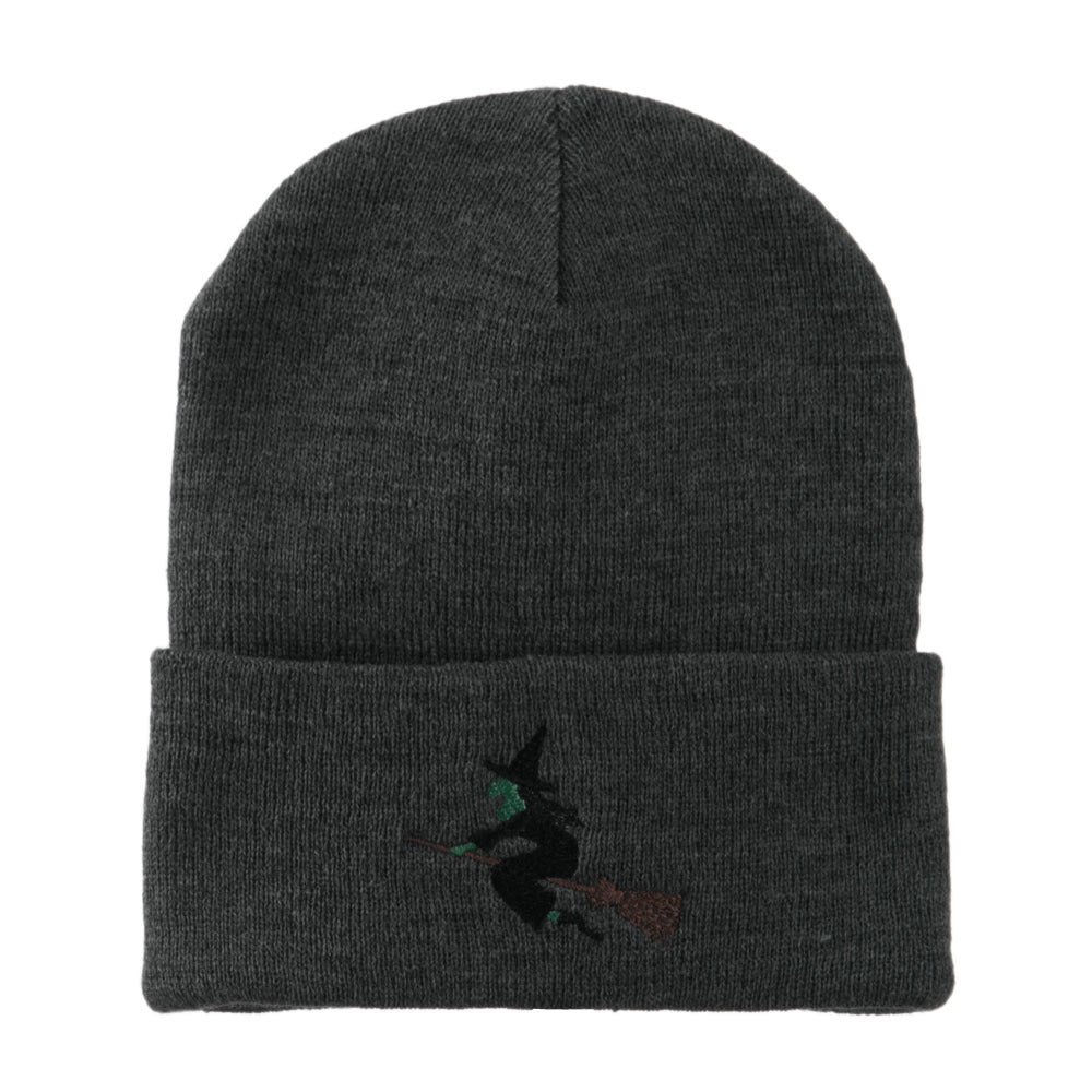 Halloween Witch Flying on a Broom Stick Embroidered Long Beanie - Grey OSFM