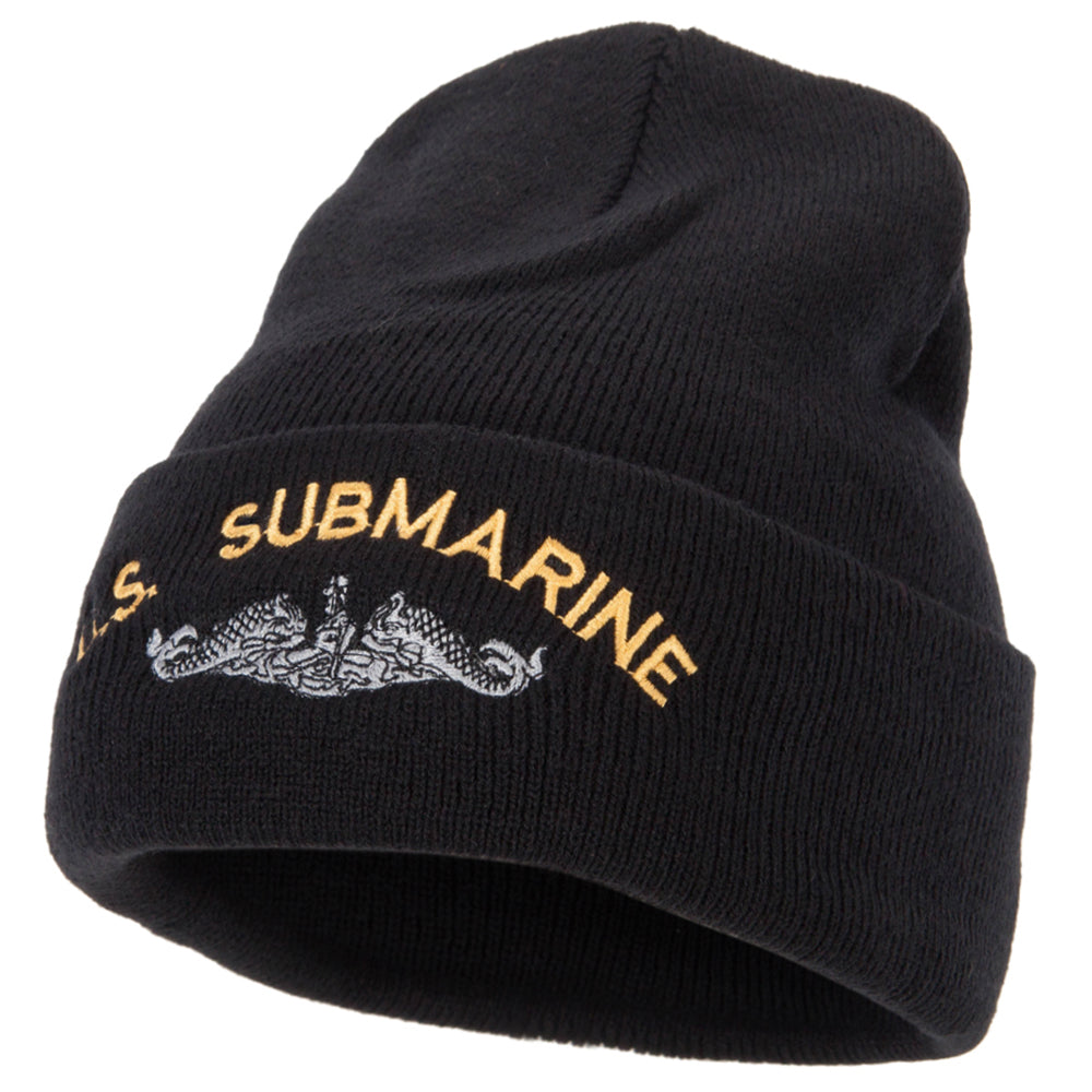 US Submarine Logo Military Embroidered Long Beanie - Black OSFM