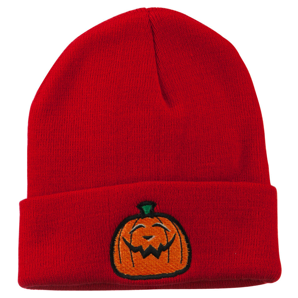 Halloween Goofy Jack o Lantern Embroidered Long Beanie - Red OSFM