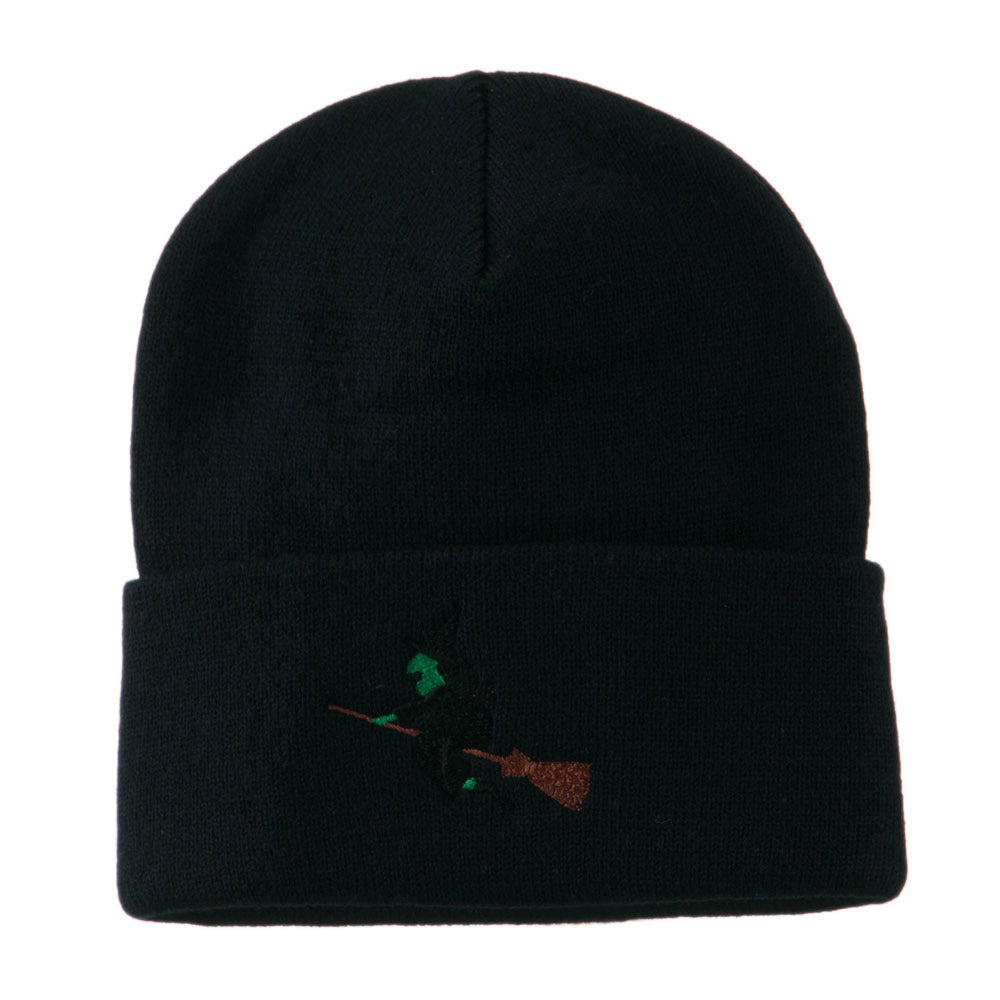 Halloween Witch Flying on a Broom Stick Embroidered Long Beanie - Navy OSFM