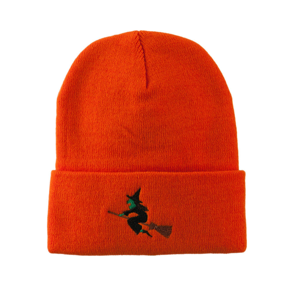 Halloween Witch Flying on a Broom Stick Embroidered Long Beanie - Orange OSFM