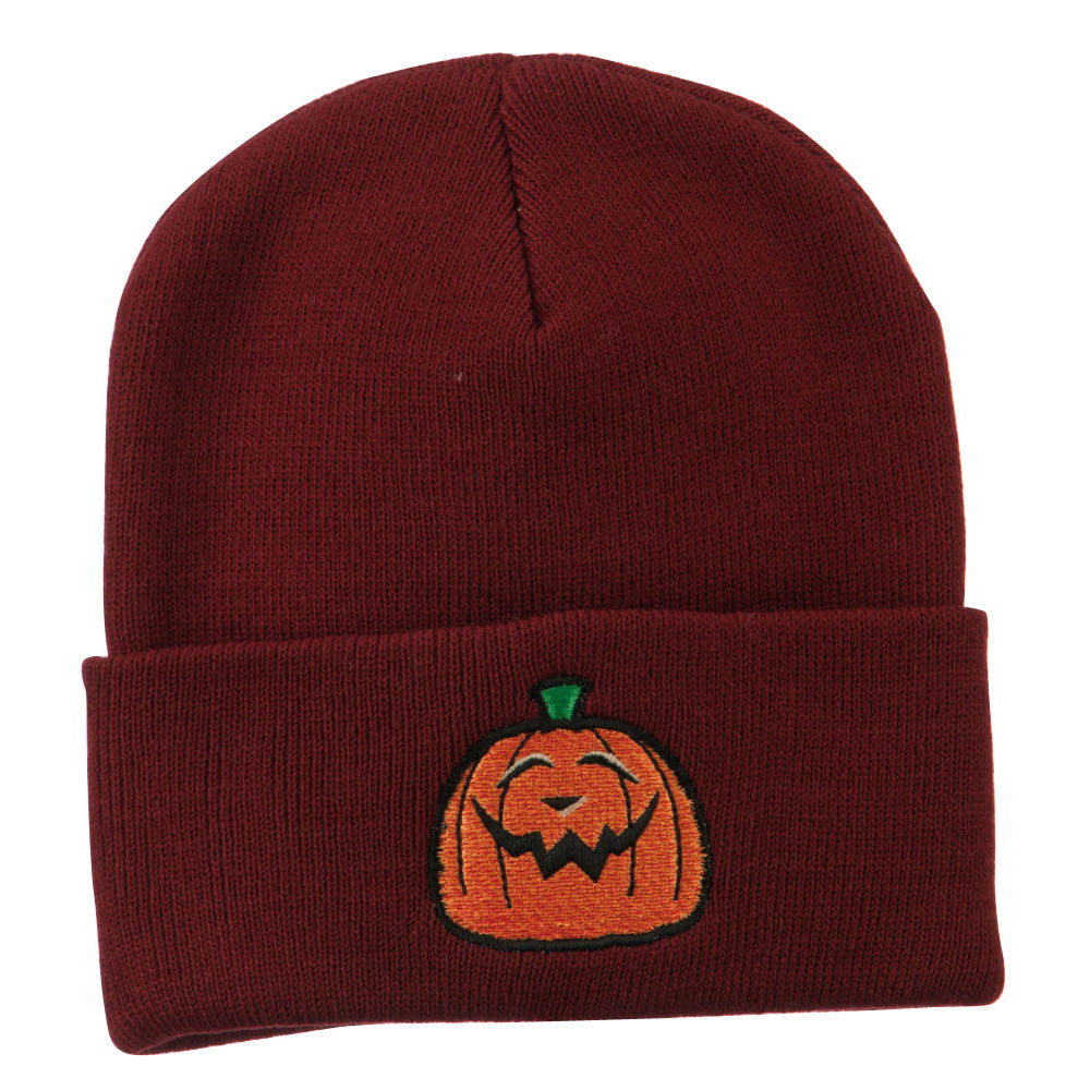 Halloween Goofy Jack o Lantern Embroidered Long Beanie - Maroon OSFM