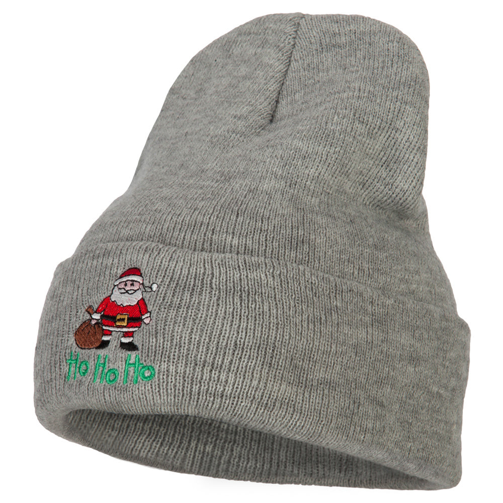 Ho Ho Ho Santa Embroidered Long Knitted Beanie - Heather Grey OSFM