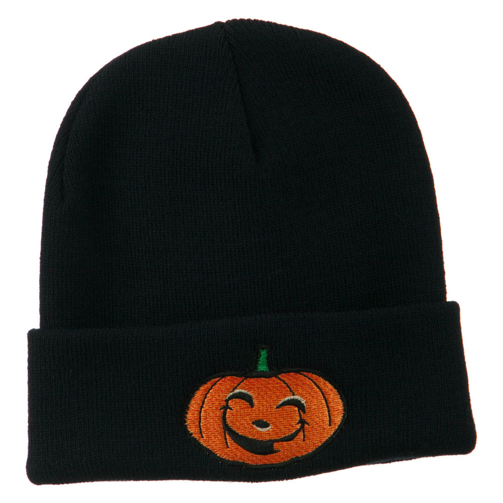 Halloween Happy Jack o Lantern Embroidered Long Beanie - Navy OSFM