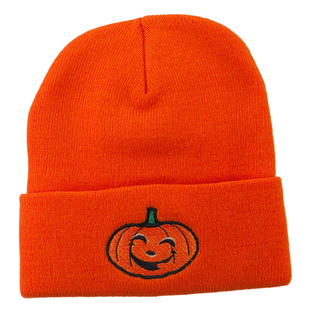 Halloween Happy Jack o Lantern Embroidered Long Beanie - Orange OSFM
