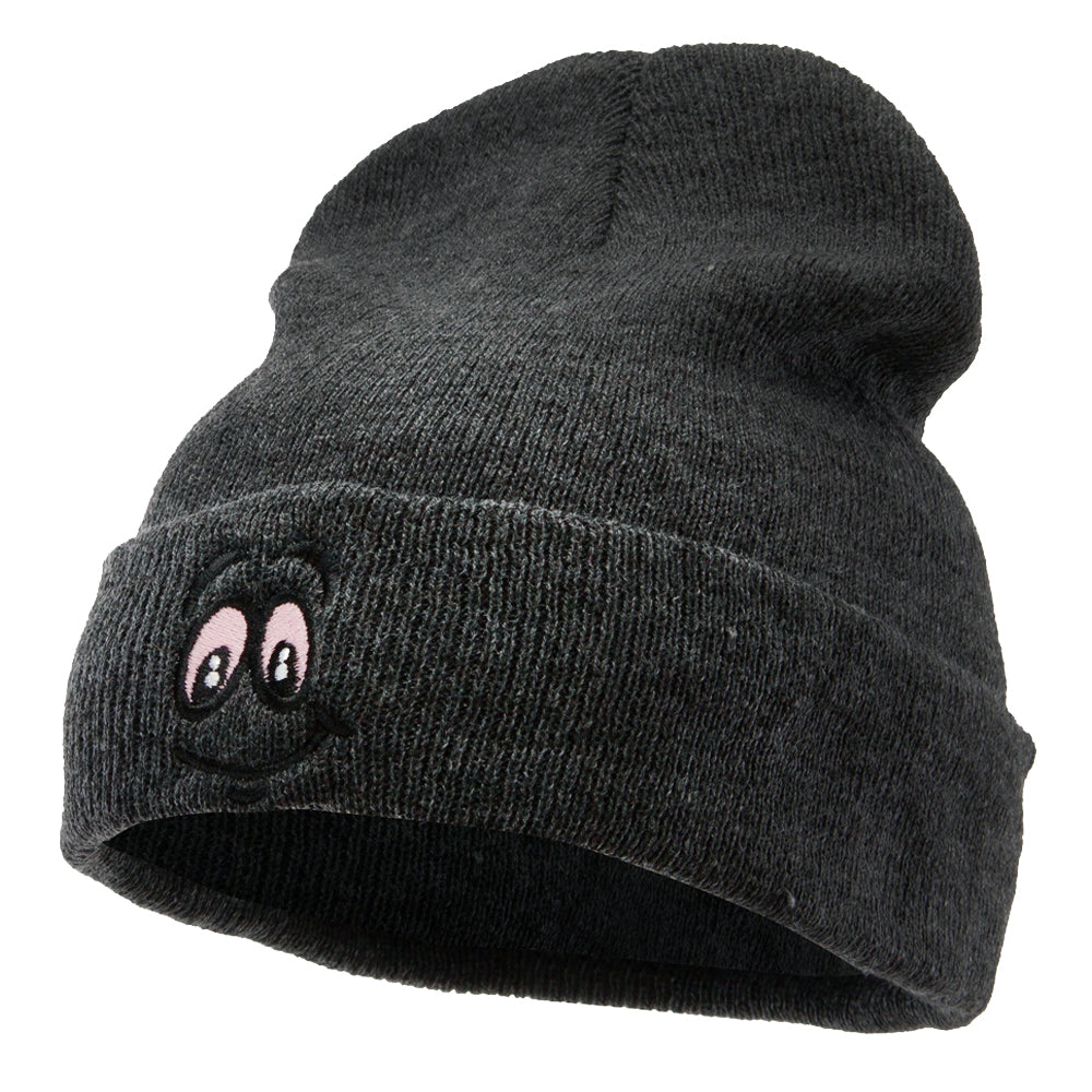 High Smile Eyes Embroidered 12 Inch Long Kintted Beanie - Heather Charcoal OSFM
