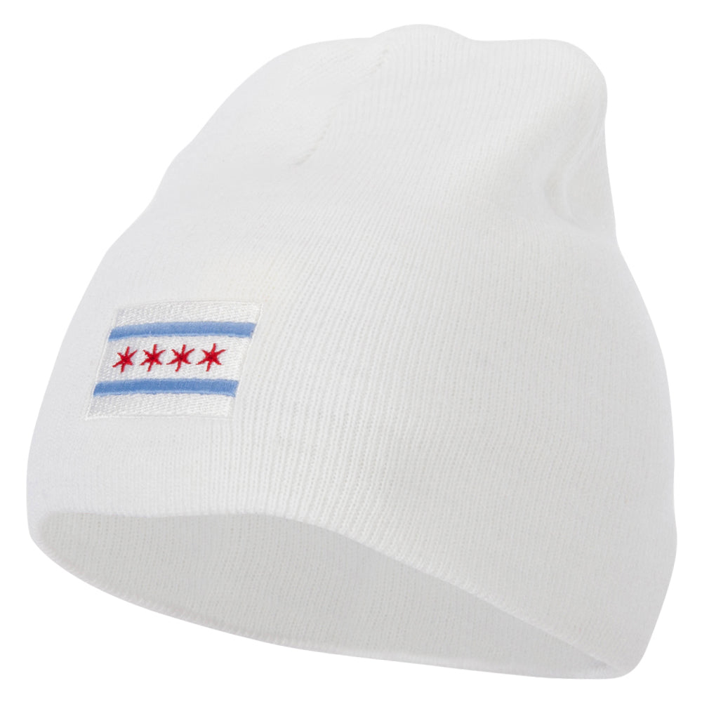 Chicago City Flag Embroidered 8 Inch Knitted Short Beanie - White OSFM