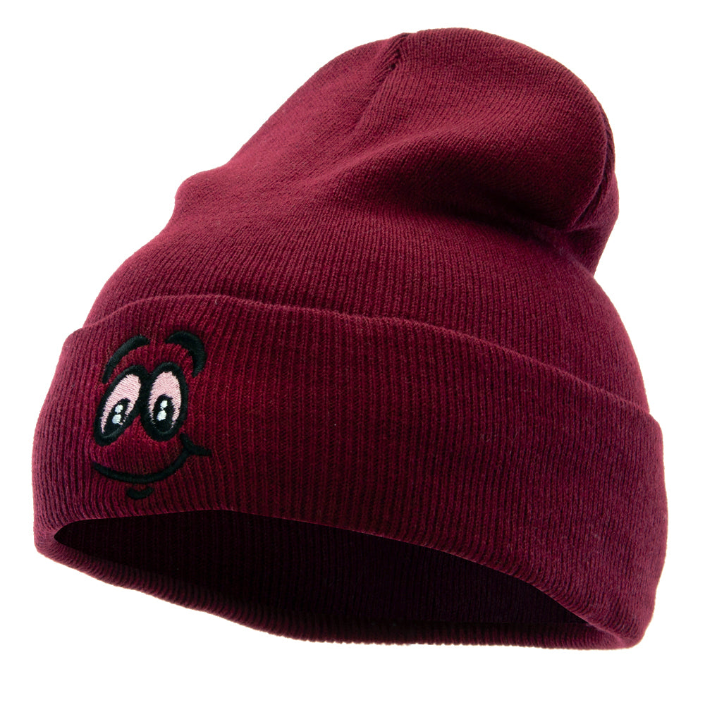 High Smile Eyes Embroidered 12 Inch Long Kintted Beanie - Maroon OSFM