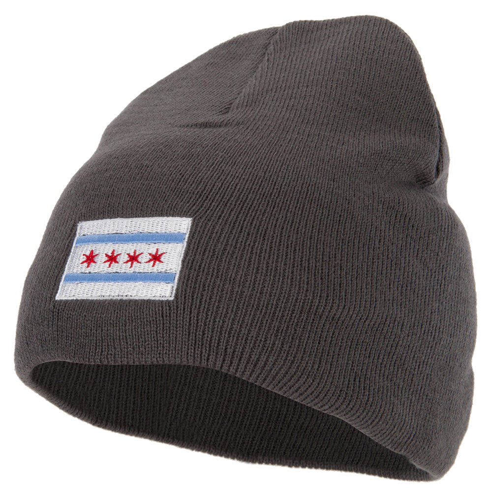 Chicago City Flag Embroidered 8 Inch Knitted Short Beanie - Dk Grey OSFM
