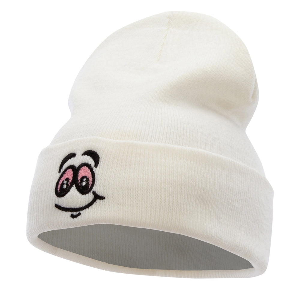 High Smile Eyes Embroidered 12 Inch Long Kintted Beanie - White OSFM