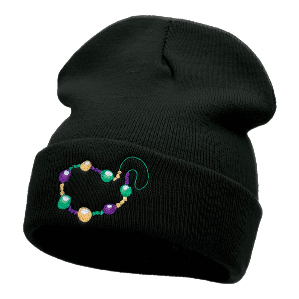 Mardi Gras Beads Embroidered Long Beanie - Black OSFM