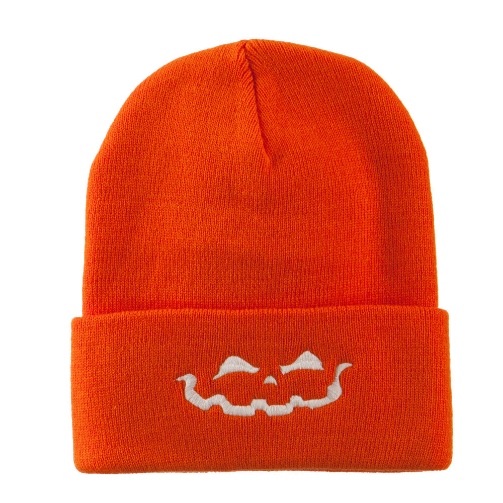 Halloween Jack o Lantern Face Embroidered Long Beanie - Orange OSFM