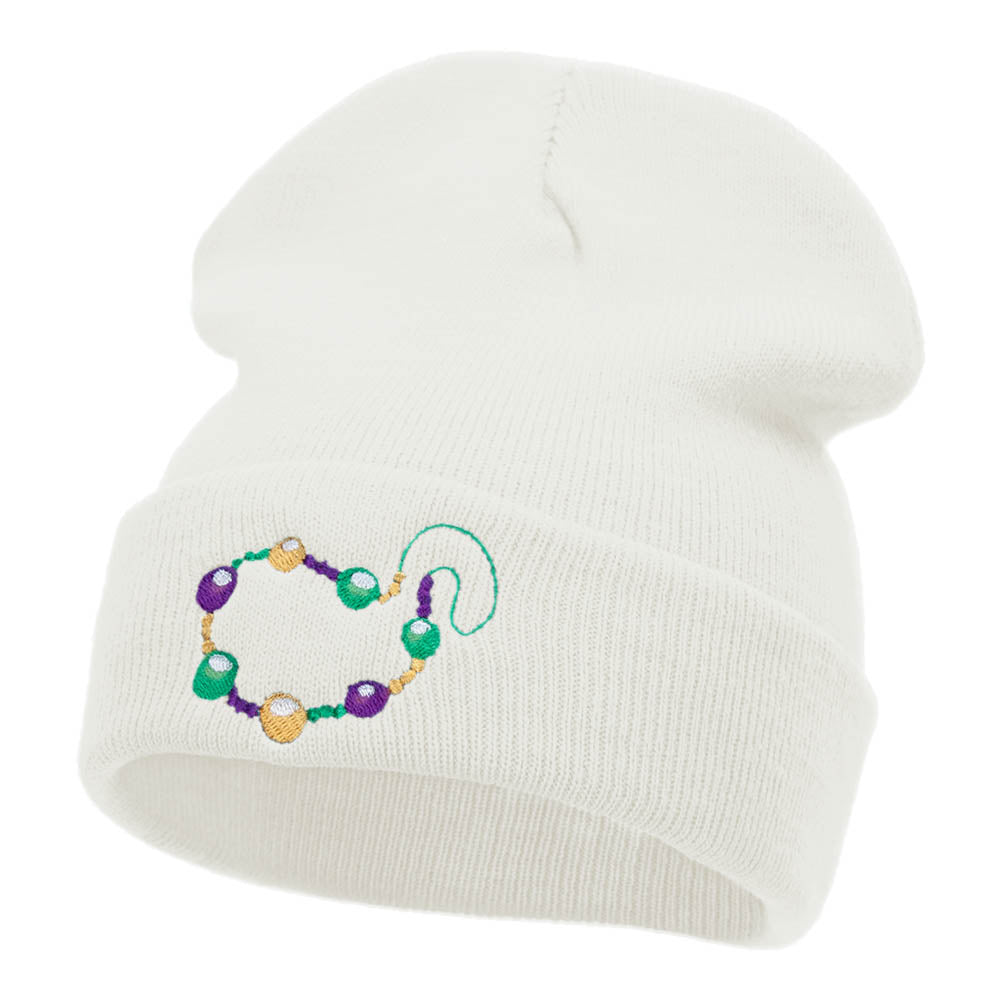 Mardi Gras Beads Embroidered Long Beanie - White OSFM