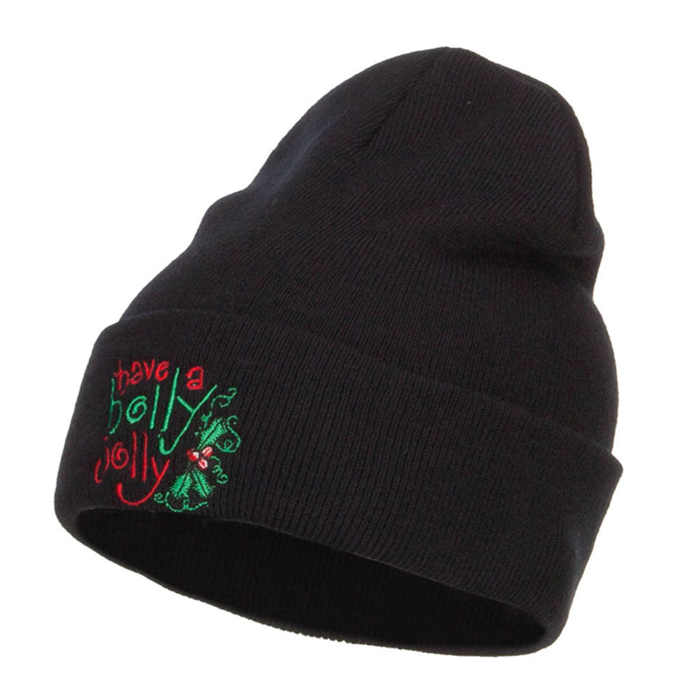 Have a Holly Jolly Embroidered Long Beanie - Black OSFM