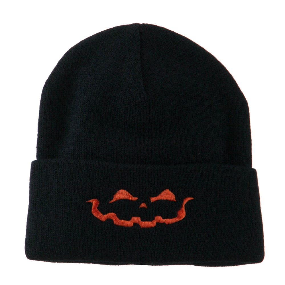 Halloween Jack o Lantern Face Embroidered Long Beanie - Navy OSFM