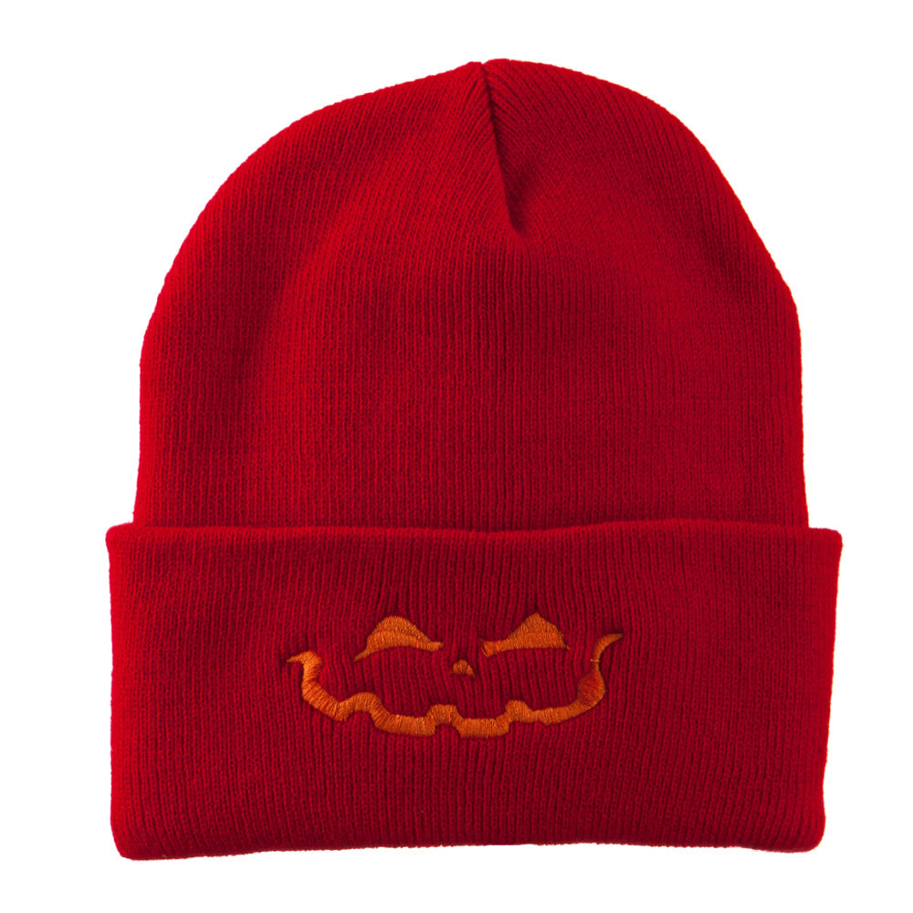Halloween Jack o Lantern Face Embroidered Long Beanie - Red OSFM