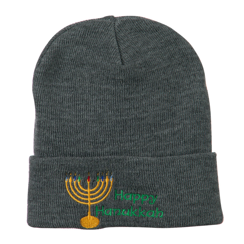 Happy Hanukkah Candles Embroidered Beanie - Grey OSFM