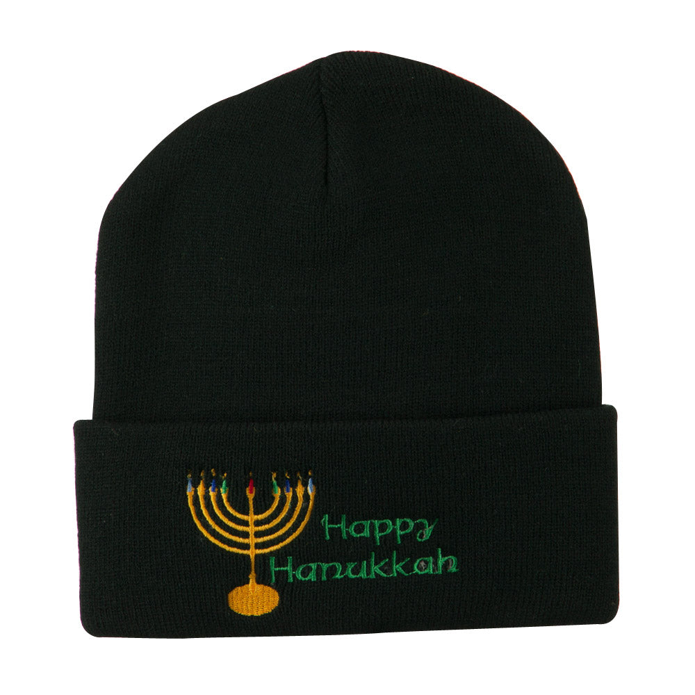 Happy Hanukkah Candles Embroidered Beanie - Black OSFM