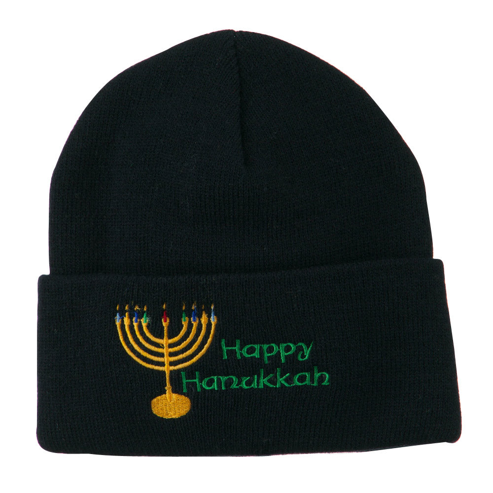 Happy Hanukkah Candles Embroidered Beanie - Navy OSFM