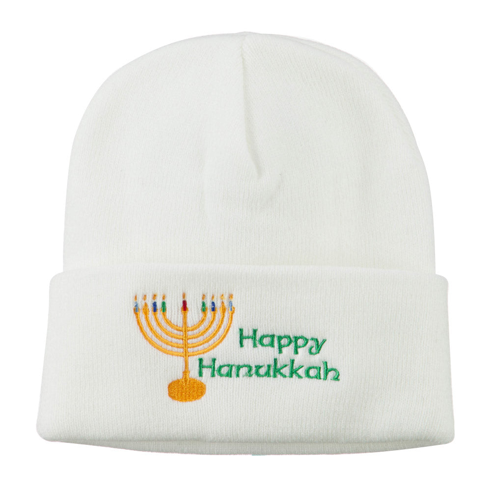 Happy Hanukkah Candles Embroidered Beanie - White OSFM