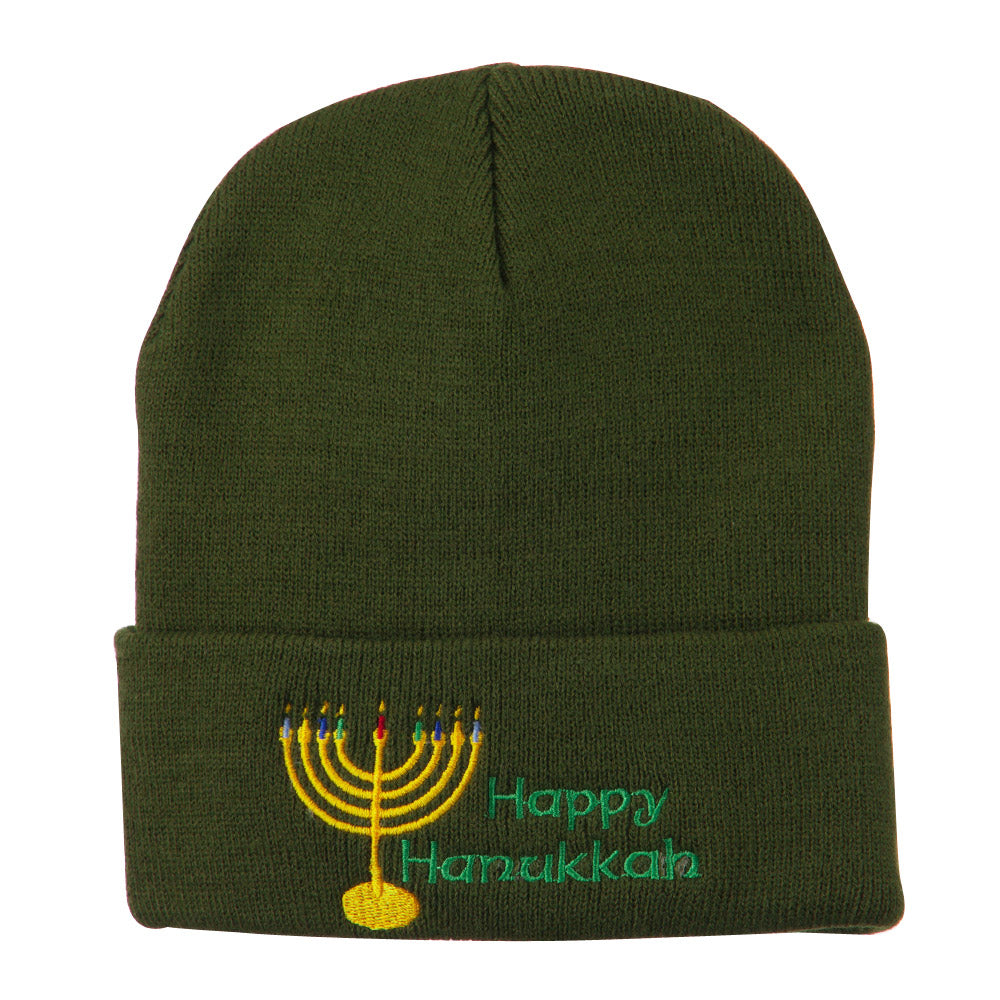 Happy Hanukkah Candles Embroidered Beanie - Olive OSFM