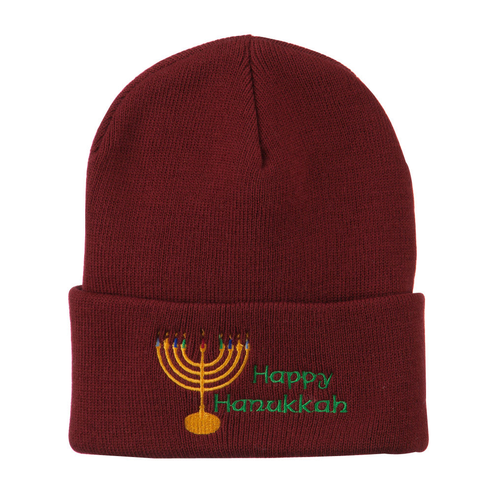 Happy Hanukkah Candles Embroidered Beanie - Maroon OSFM