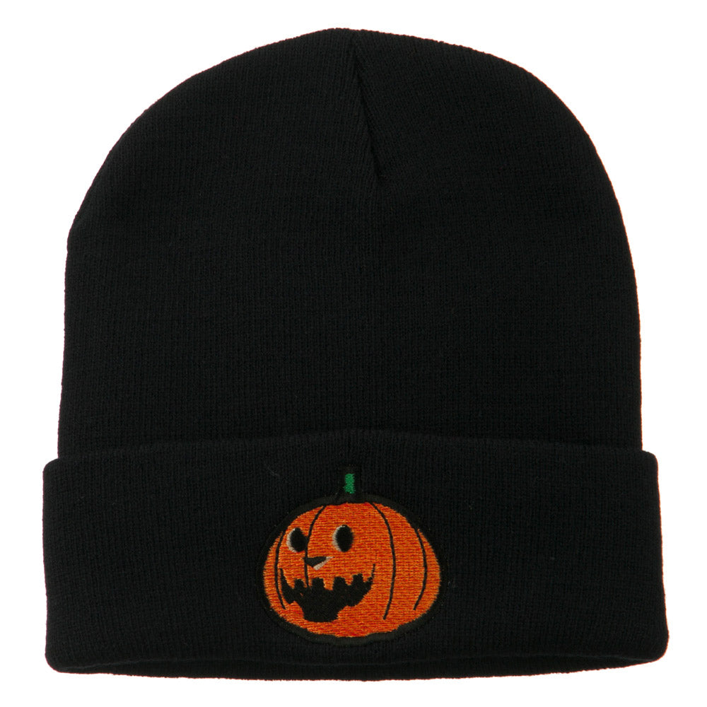 Halloween Laughing Jack o Lantern Embroidered Long Beanie - Navy OSFM