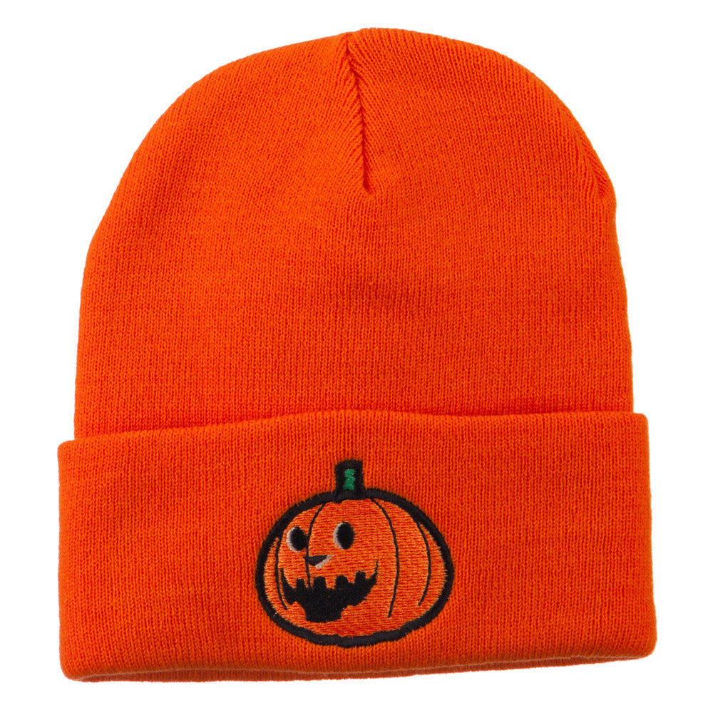 Halloween Laughing Jack o Lantern Embroidered Long Beanie - Orange OSFM