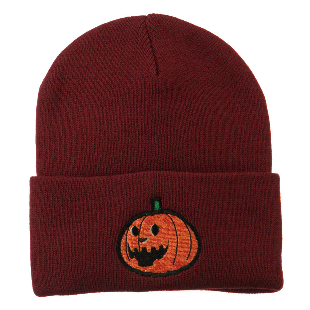 Halloween Laughing Jack o Lantern Embroidered Long Beanie - Maroon OSFM