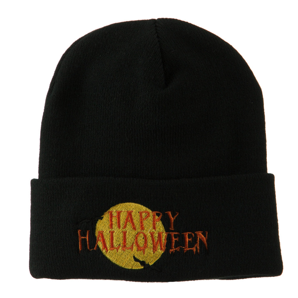 Happy Halloween Moon and Bats Embroidered Long Beanie - Black OSFM