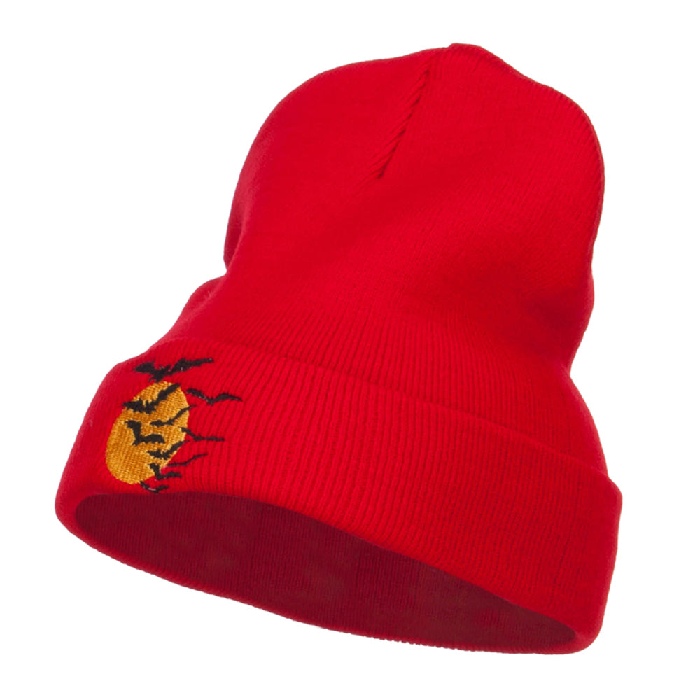 Bats Moon Halloween Embroidered Long Beanie - Red OSFM