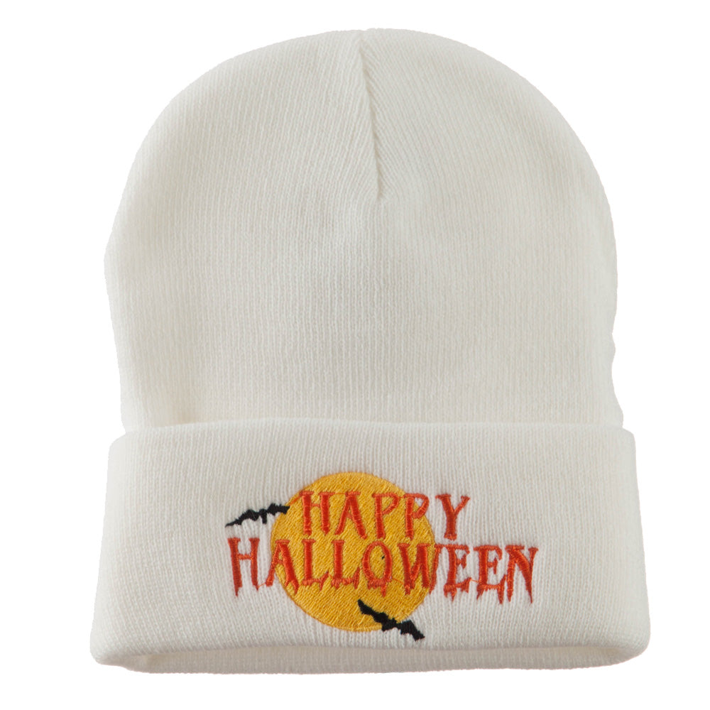 Happy Halloween Moon and Bats Embroidered Long Beanie - White OSFM