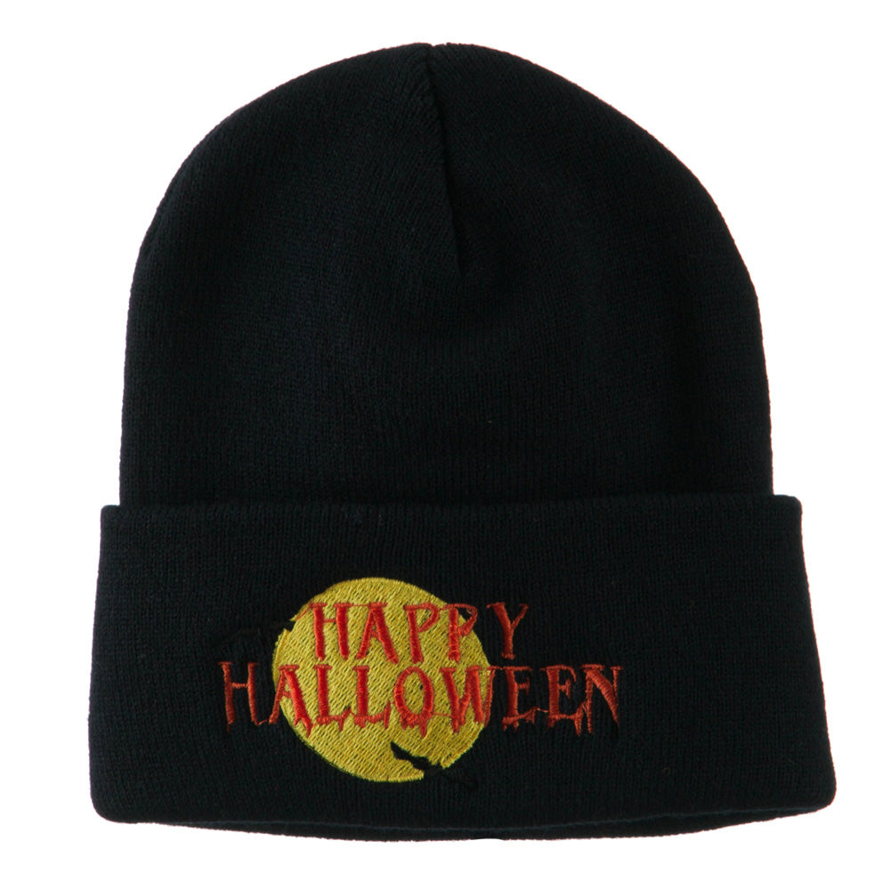 Happy Halloween Moon and Bats Embroidered Long Beanie - Navy OSFM