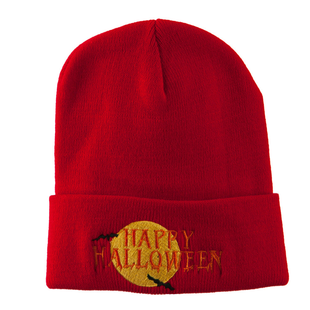 Happy Halloween Moon and Bats Embroidered Long Beanie - Red OSFM