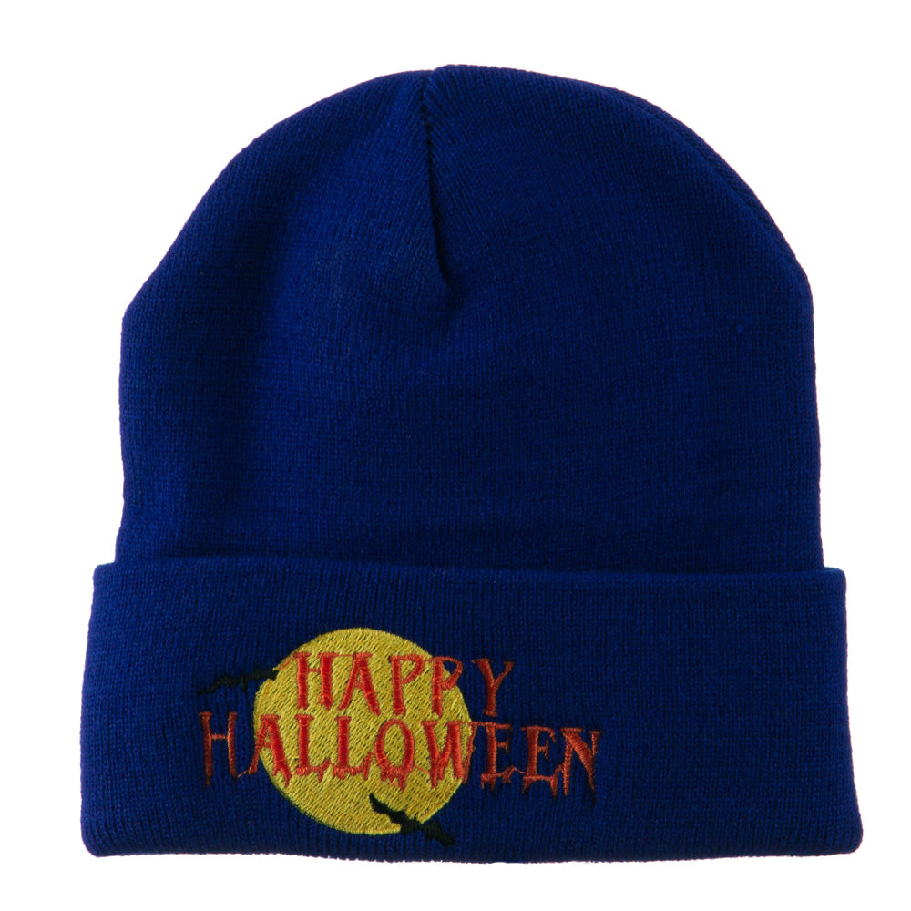 Happy Halloween Moon and Bats Embroidered Long Beanie - Royal OSFM