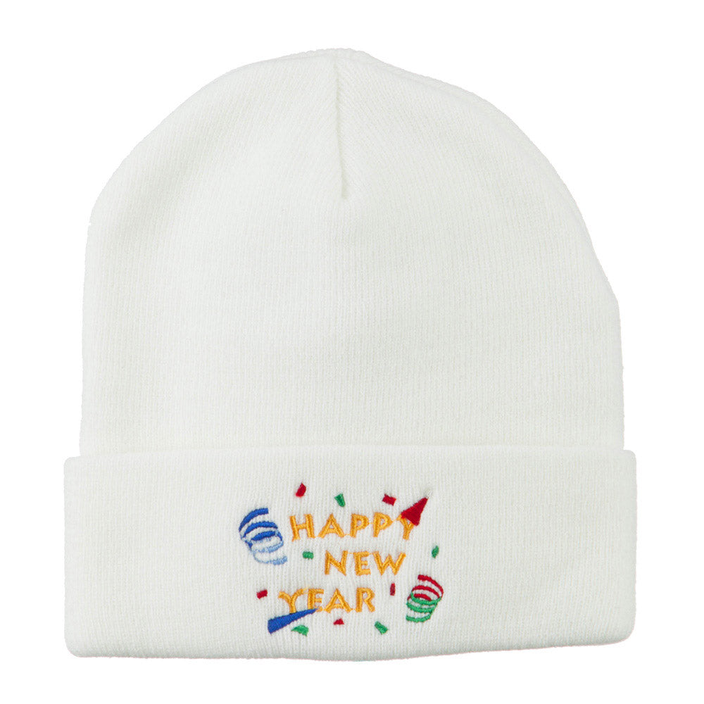 Happy New Year Embroidered Beanie - White OSFM