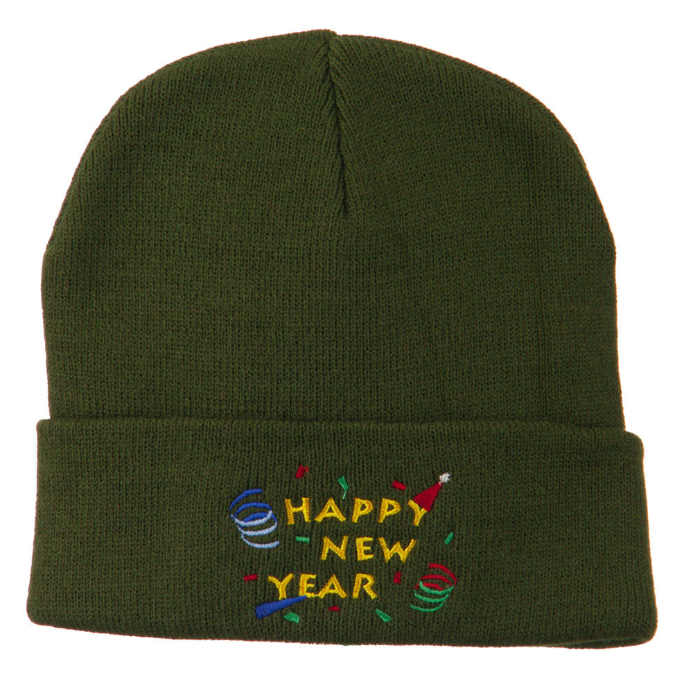 Happy New Year Embroidered Beanie - Olive OSFM