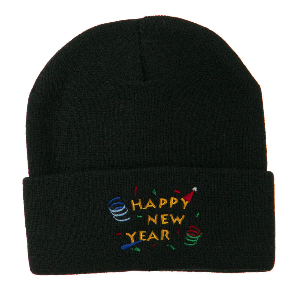 Happy New Year Embroidered Beanie - Black OSFM