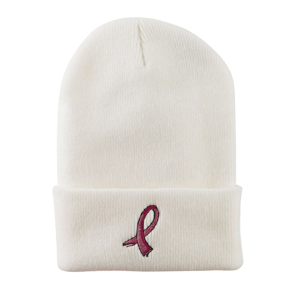 Hot Pink Breast Cancer Logo Embroidered Long Beanie - White OSFM