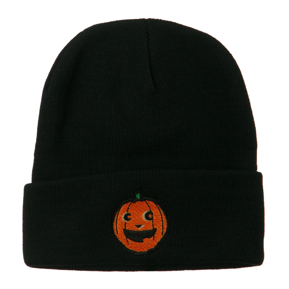 Halloween Happy Pumpkin Face Embroidered Long Beanie - Black OSFM