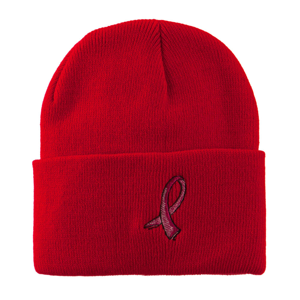 Hot Pink Breast Cancer Logo Embroidered Long Beanie - Red OSFM