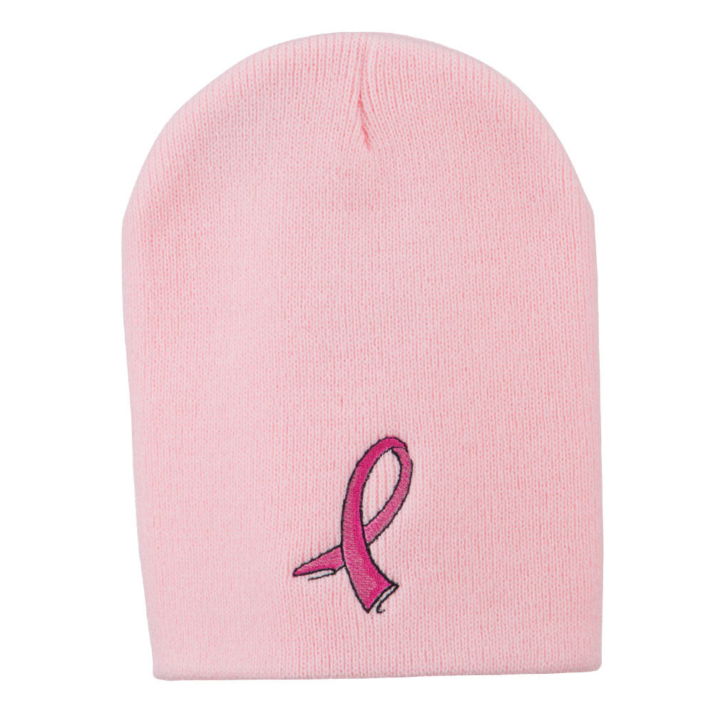 Hot Pink Ribbon Breast Cancer Embroidered Short Beanie - Pink OSFM